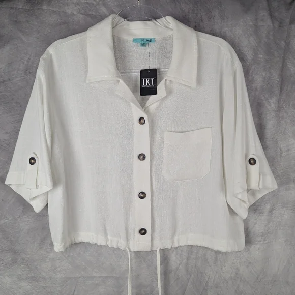 IKT Maggie Size Medium White 30% Linen Cropped Blouse With Drawstring Waist - Picture 1 of 12